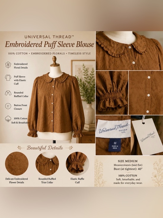 Universal Thread Tops - Brown copper tone -Embroidered Floral pattern -Puff Sleeve -100% cotton blouse